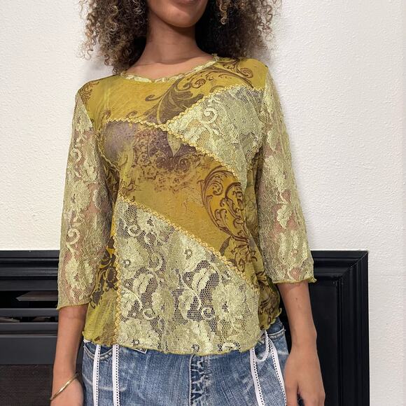 Italian Vintage 00s boho green floral sheer mesh & lace blouse (M) fairy grunge - Picture 7 of 9